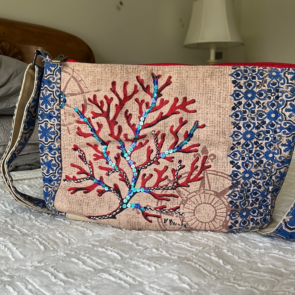 Summer red coral cotton bag adjustable strap inside pocket lined beachy